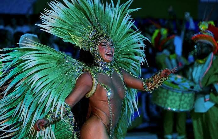 A dancer in a feathered costume during the Rio Carnival parade